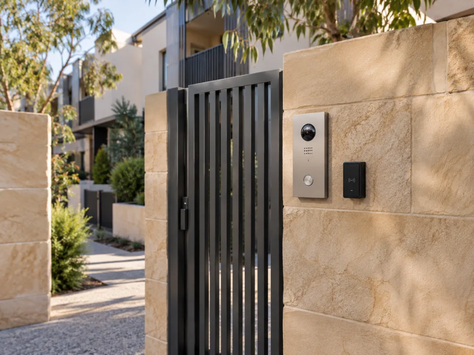 Illustrative video intercom and access reader at an Adelaide townhouse gate