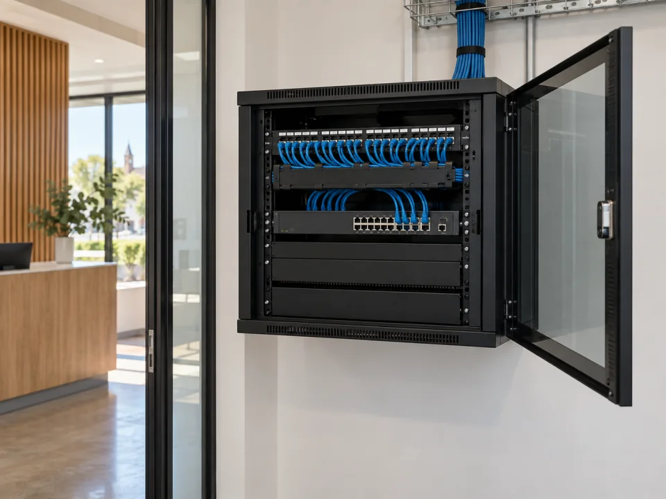 Illustrative structured cabling installation in an Adelaide business network cabinet