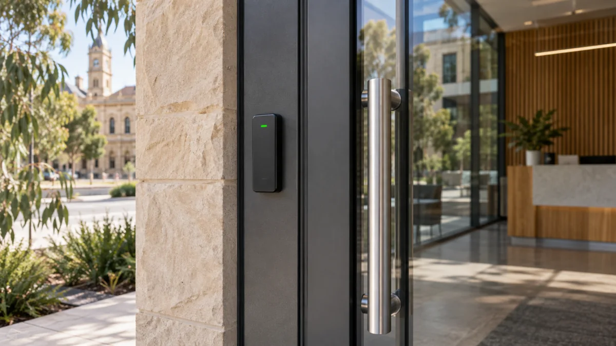 Contactless access reader at a contemporary Adelaide office entrance
