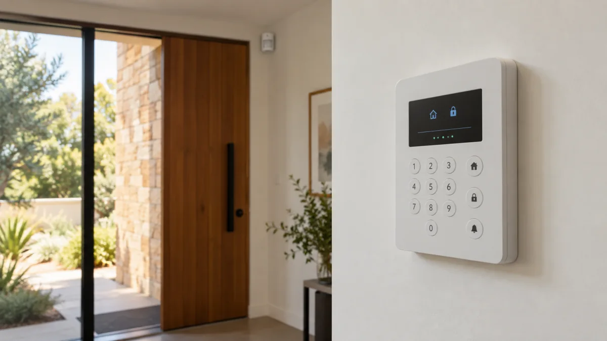Modern alarm keypad beside a timber entry in an Adelaide home