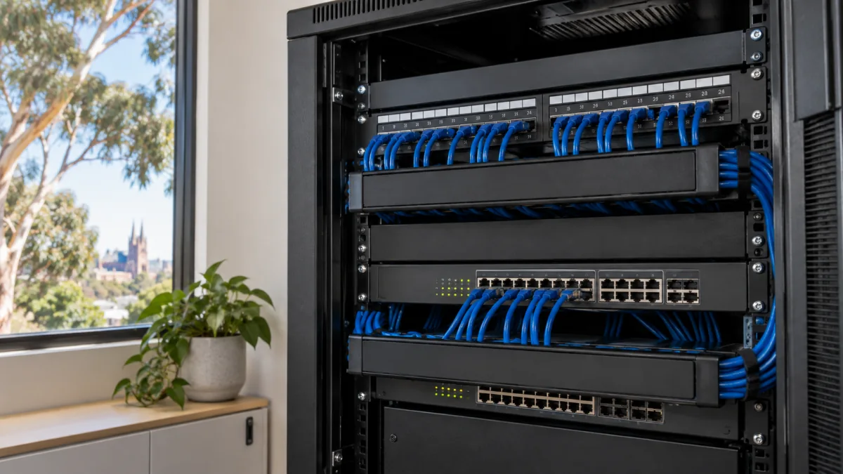 Tidy blue Cat6 patch cables in an Adelaide office network cabinet