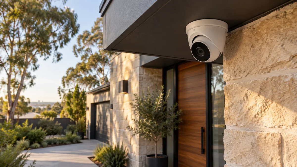 White turret CCTV camera beneath the eaves of a modern Adelaide sandstone home