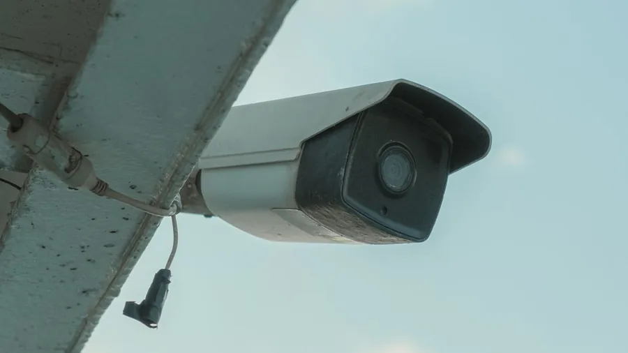 Security camera mounted on the exterior of a building