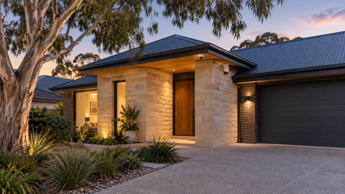Contemporary Adelaide family home with discreet security cameras at dusk